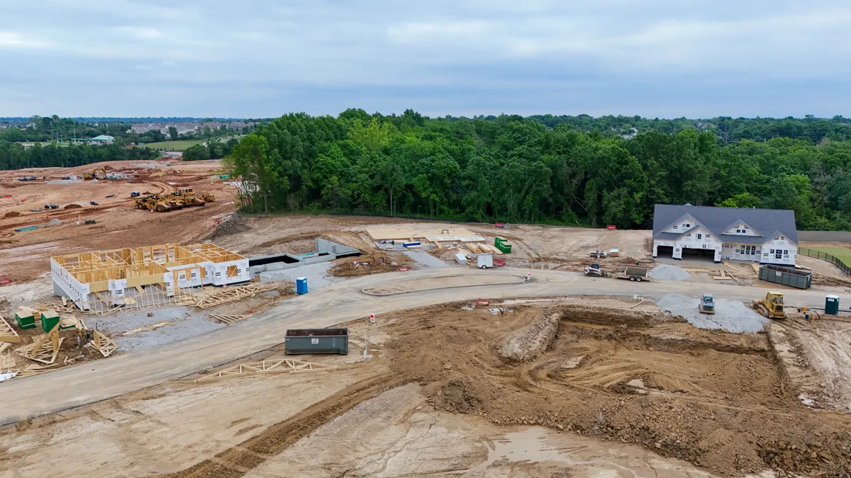 Aerial view of new construction homes and framed lots at The Reserve at Wildwood in Wildwood, Missouri