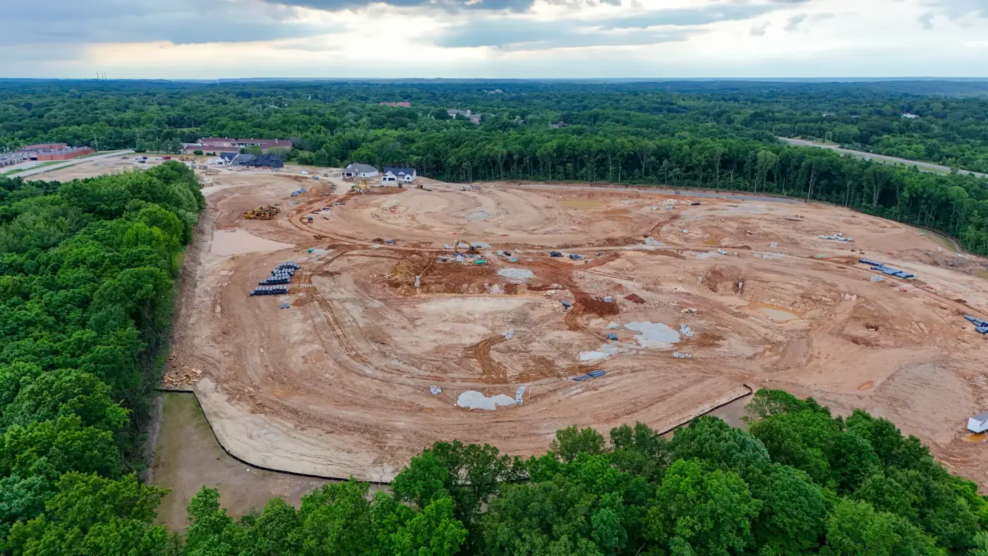 Sunset aerial view of The Reserve at Wildwood new construction neighborhood in Wildwood, MO. New homes by McKelvey Homes