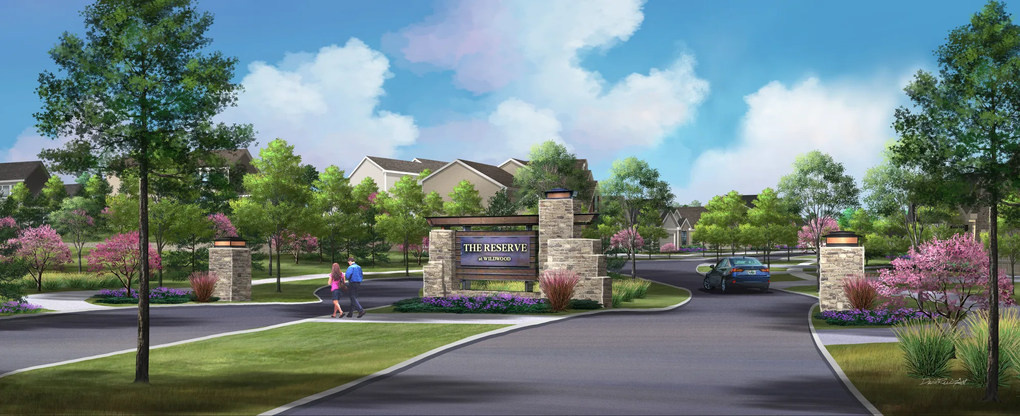 Rendering of The Reserve at Wildwood community entrance monument with homes and landscaping in Wildwood, MO
